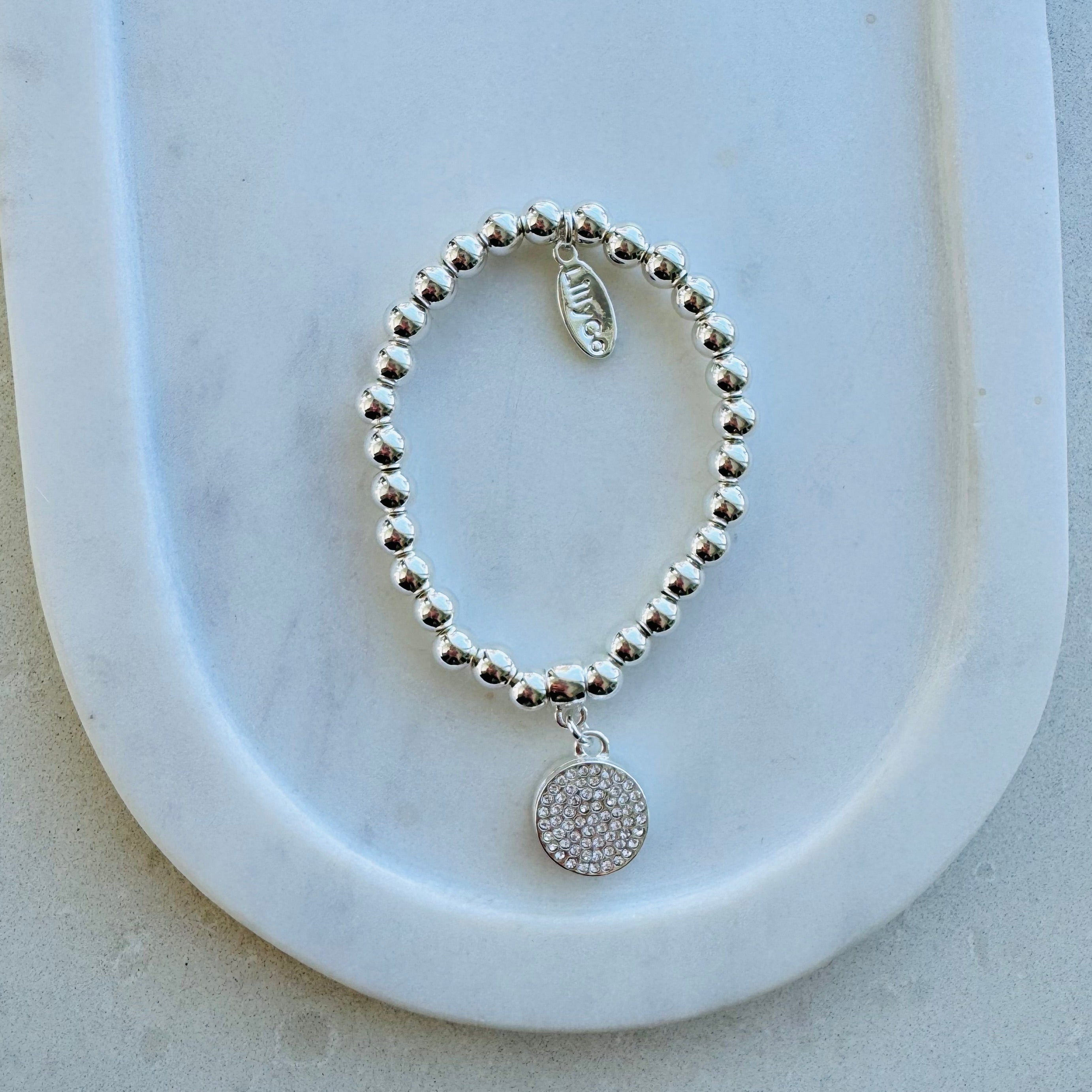 Silver Beads with Cubic Zirconia Disc Bracelet
