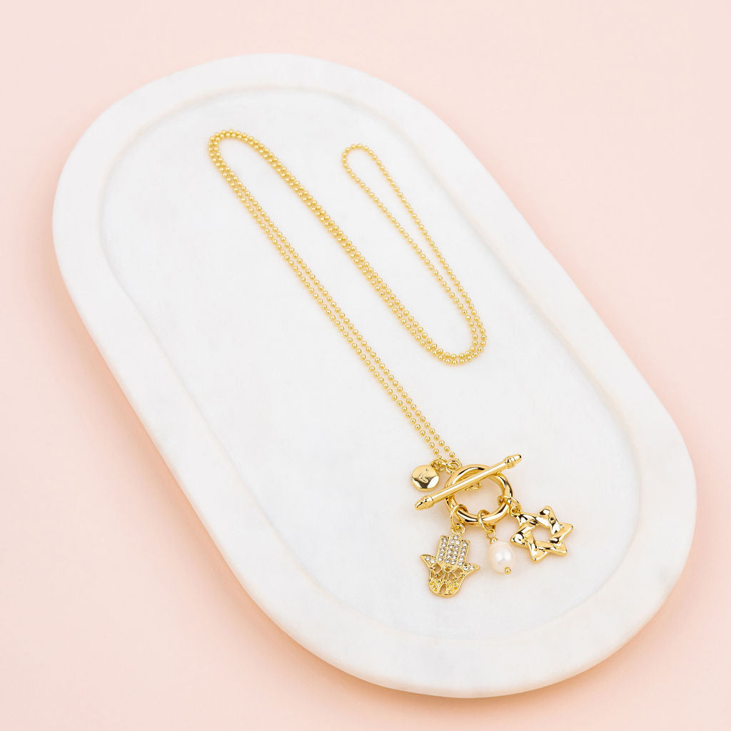 Yellow Gold Hamsa Hand and Star Charm Long Necklace