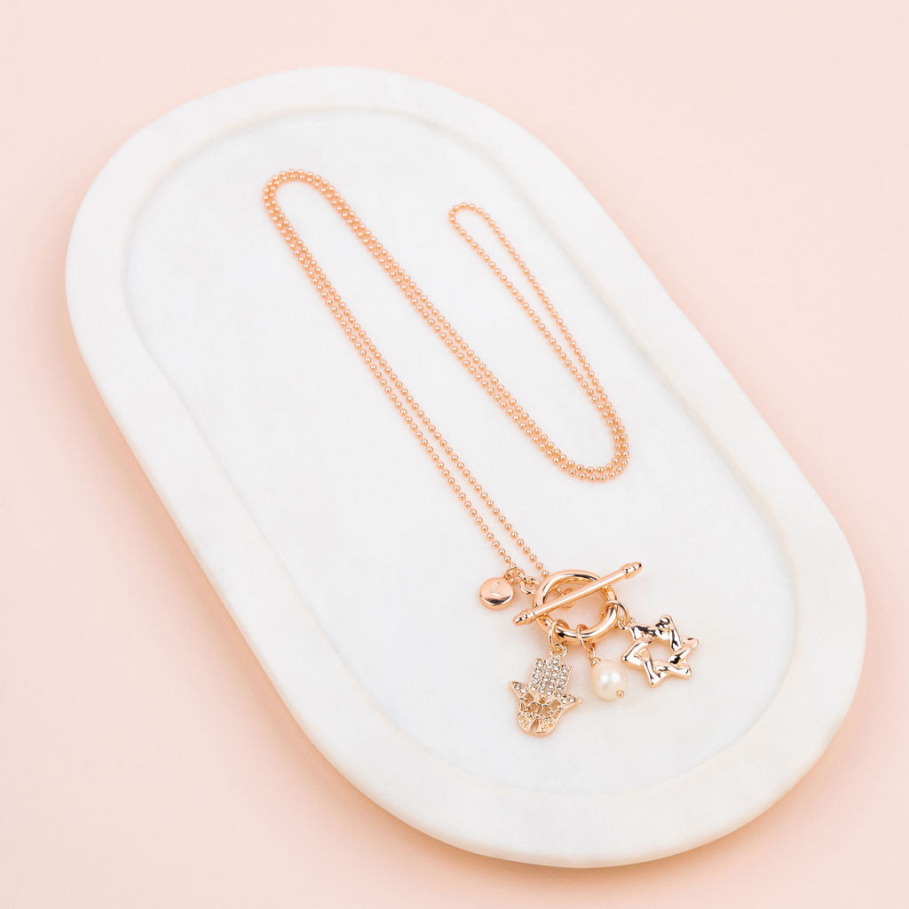 Rose Gold Hamsa Hand and Star Charm Long Necklace