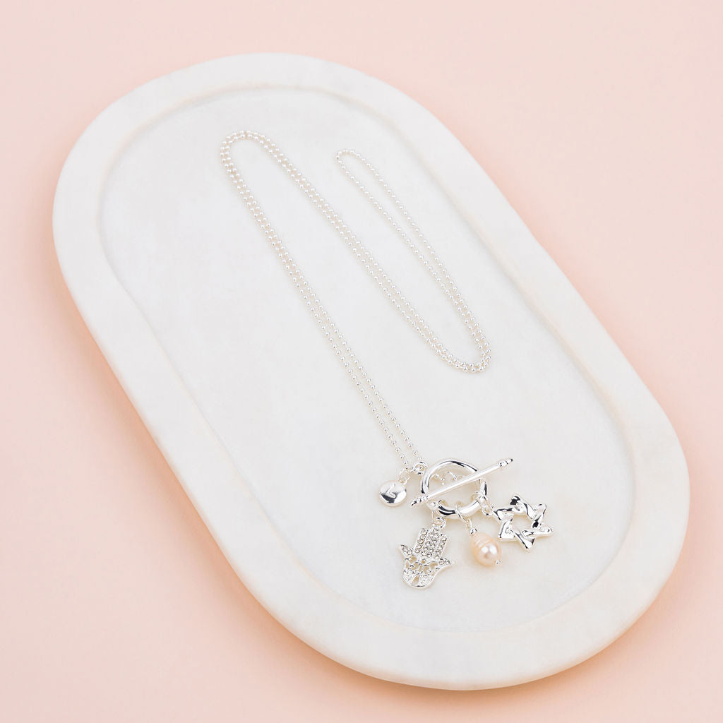 Silver Hamsa Hand and Star Charm Long Necklace