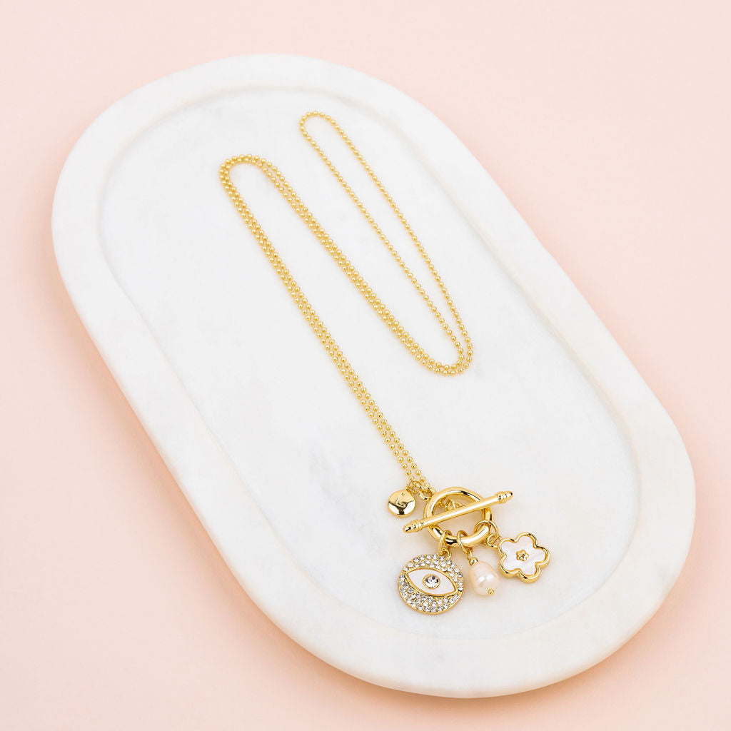 Yellow Gold Crystal Eye & Flower Charm Long Necklace