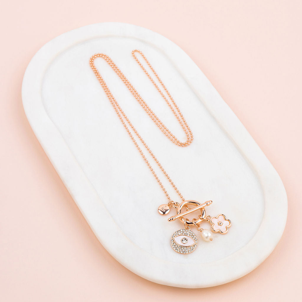 Rose Gold Crystal Eye & Flower Charm Long Necklace