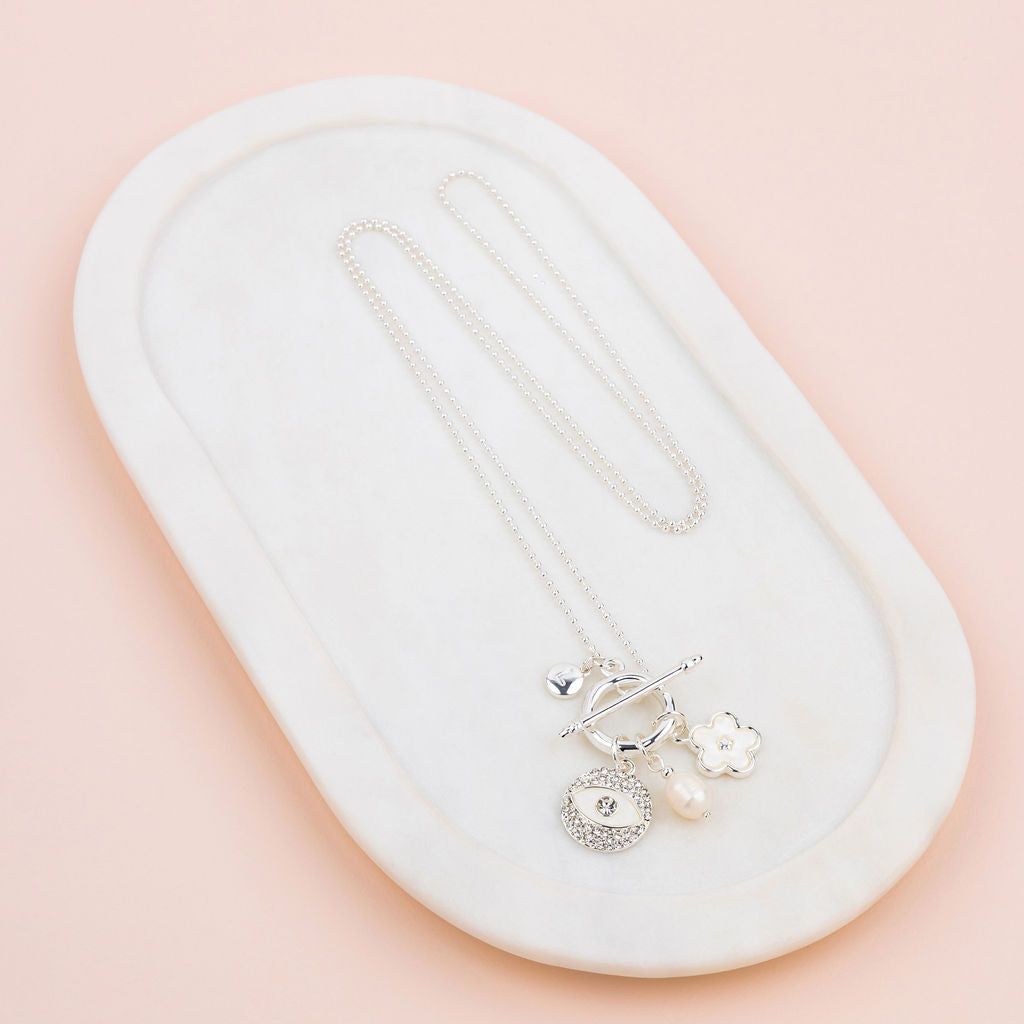 Silver Crystal Eye & Flower Charm Long Necklace