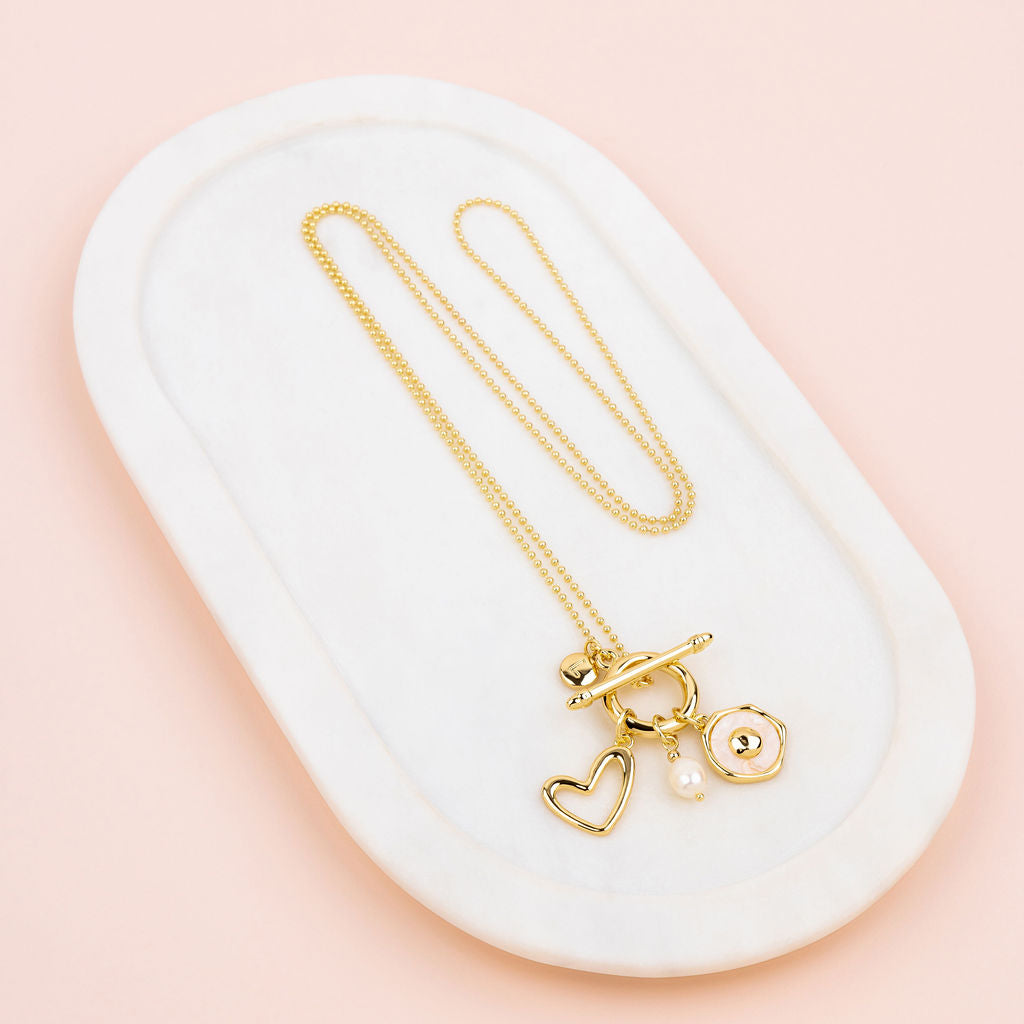 Yellow Gold Heart, Pink Disc & Pearl Charm Long Necklace