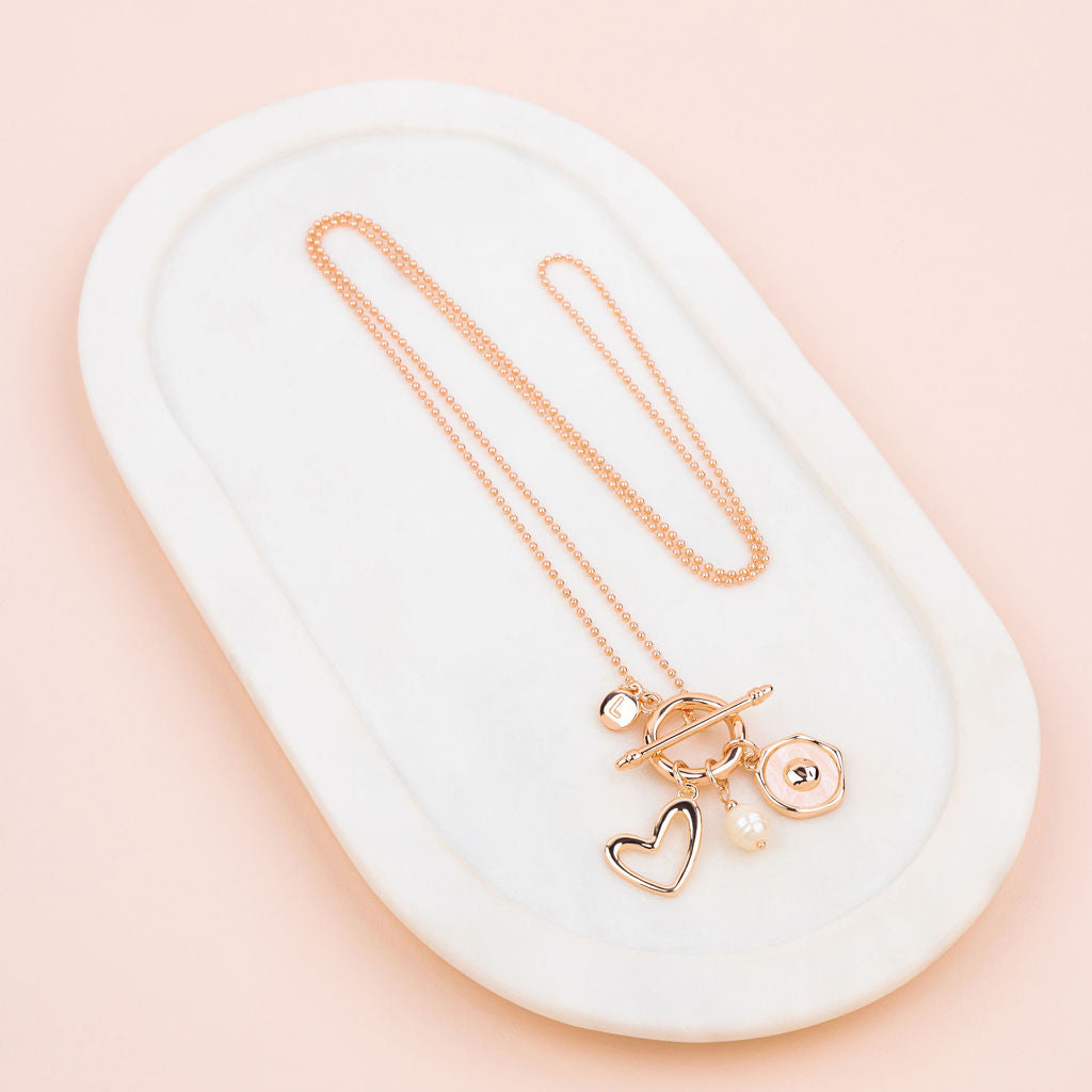 Rose Gold Heart, Pink Disc & Pearl Charm Long Necklace