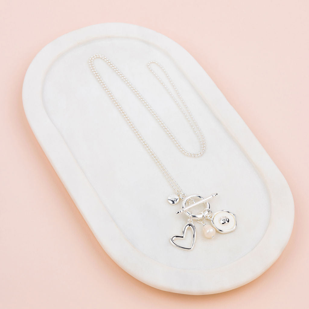 Silver Heart, Pink Disc & Pearl Charm Long Necklace
