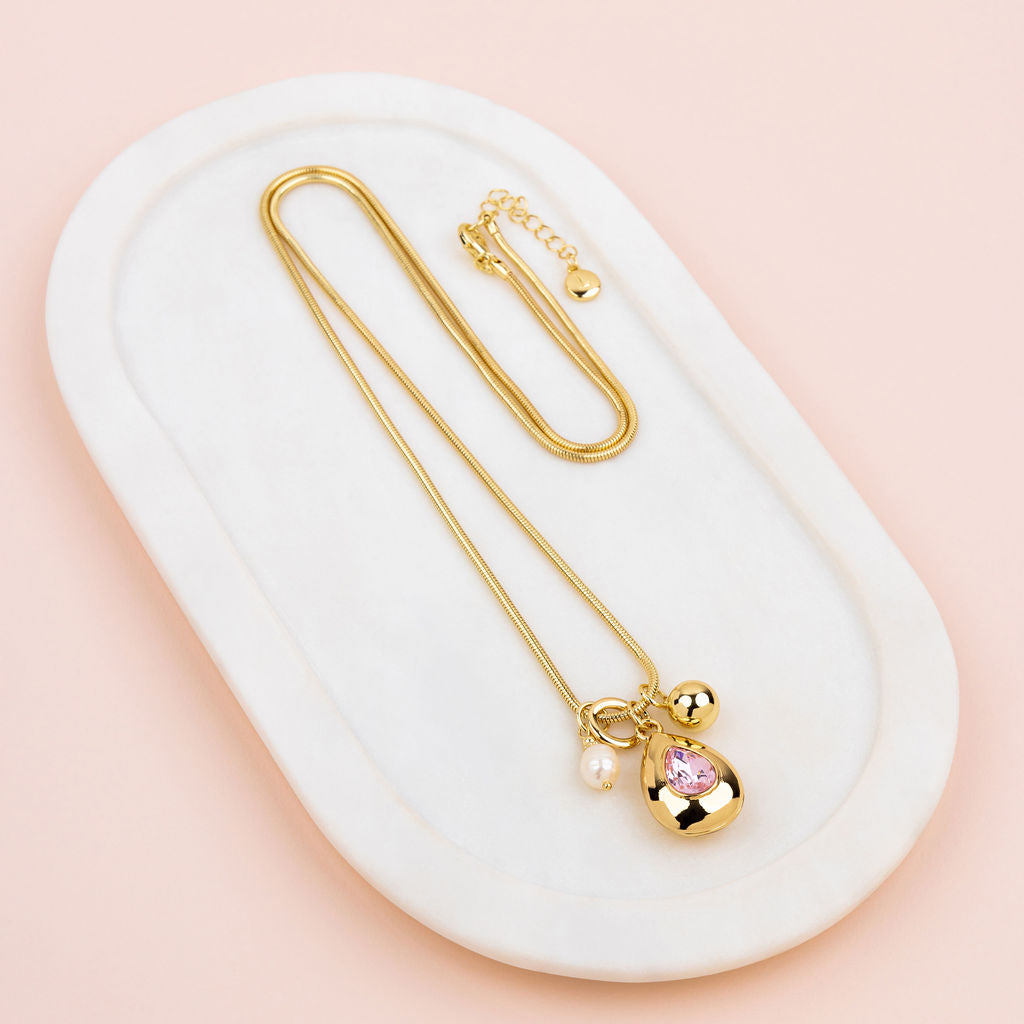 Yellow Gold Pink Tear Drop Pendant Long Necklace