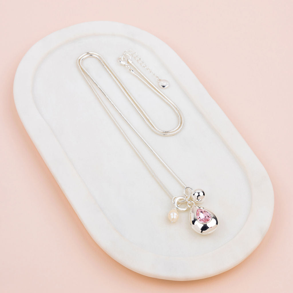 Silver Pink Tear Drop Pendant Long Necklace