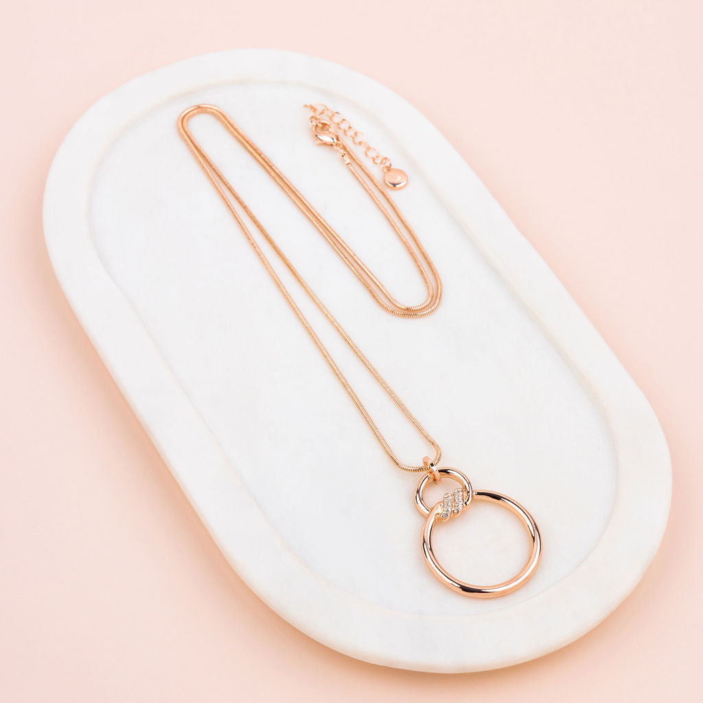 Rose Gold Bling & Circle Pendant Long Necklace