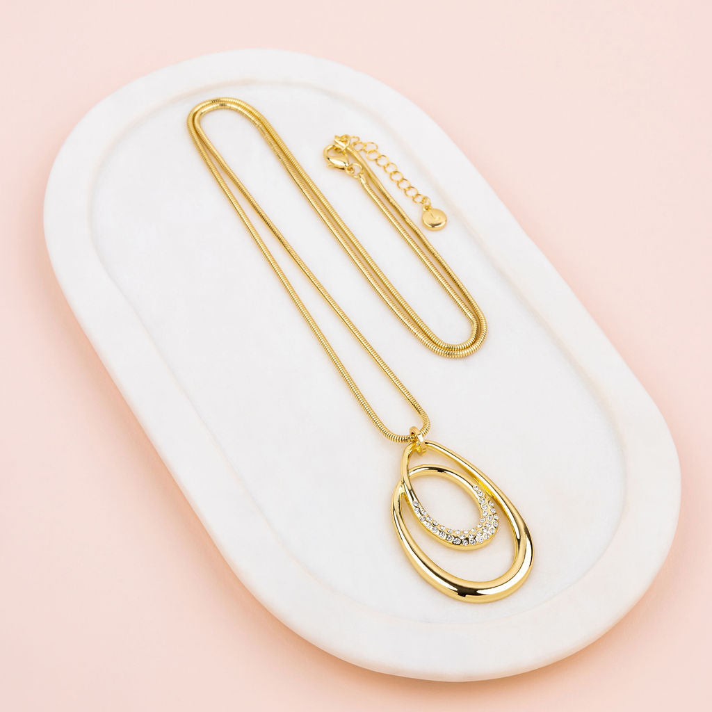Yellow Gold Bling & Oval Pendant Long Necklace