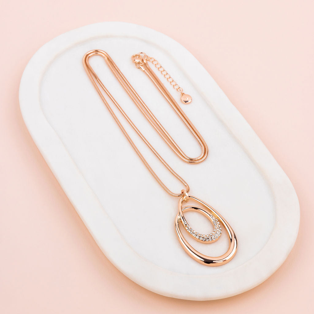 Rose Gold Bling & Oval Pendant Long Necklace