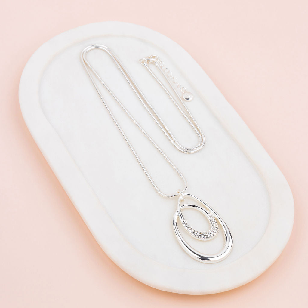 Silver Bling & Oval Pendant Long Necklace (Copy)