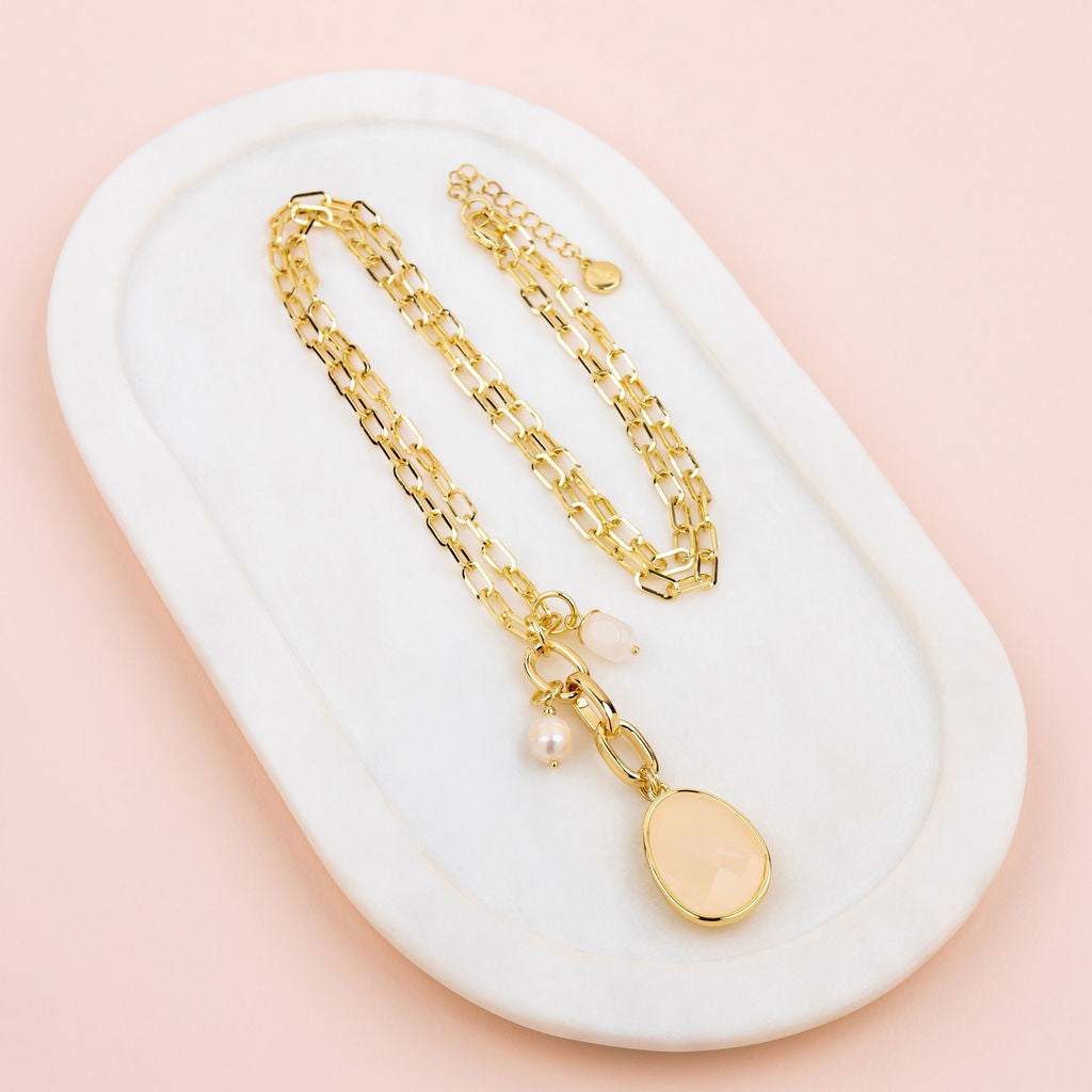 Yellow Gold & Peach Pendant & Pearl Long Necklace
