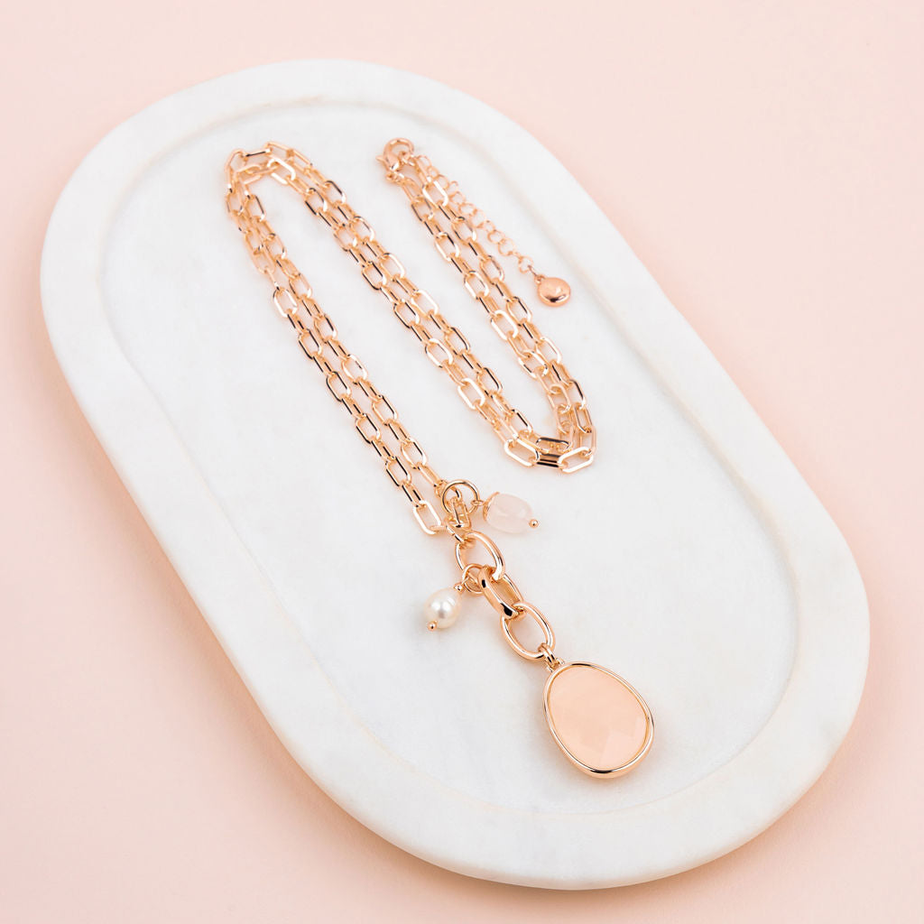 Rose Gold & Pink Pendant & Pearl Long Necklace