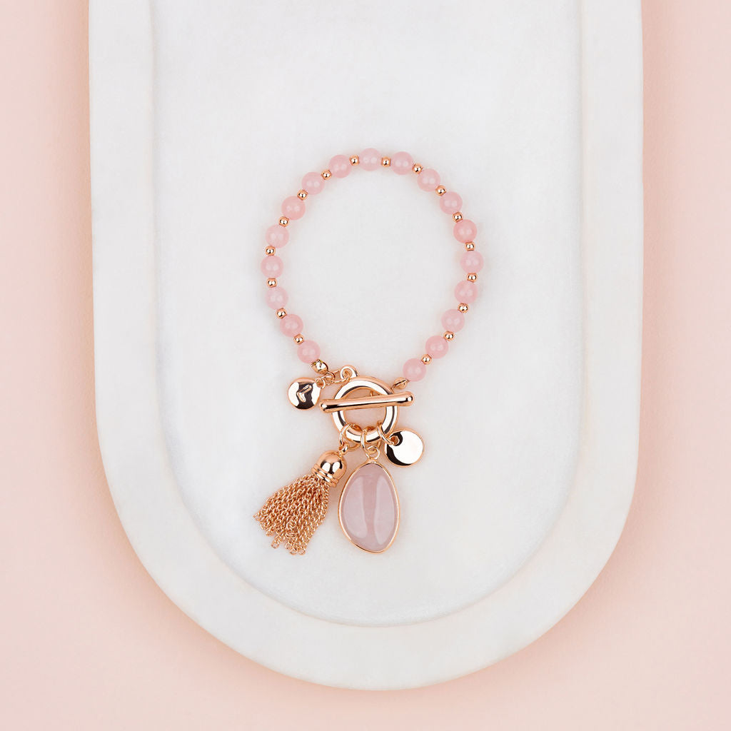 Rose Gold Tassel on Rose Quartz Stone Bracelet