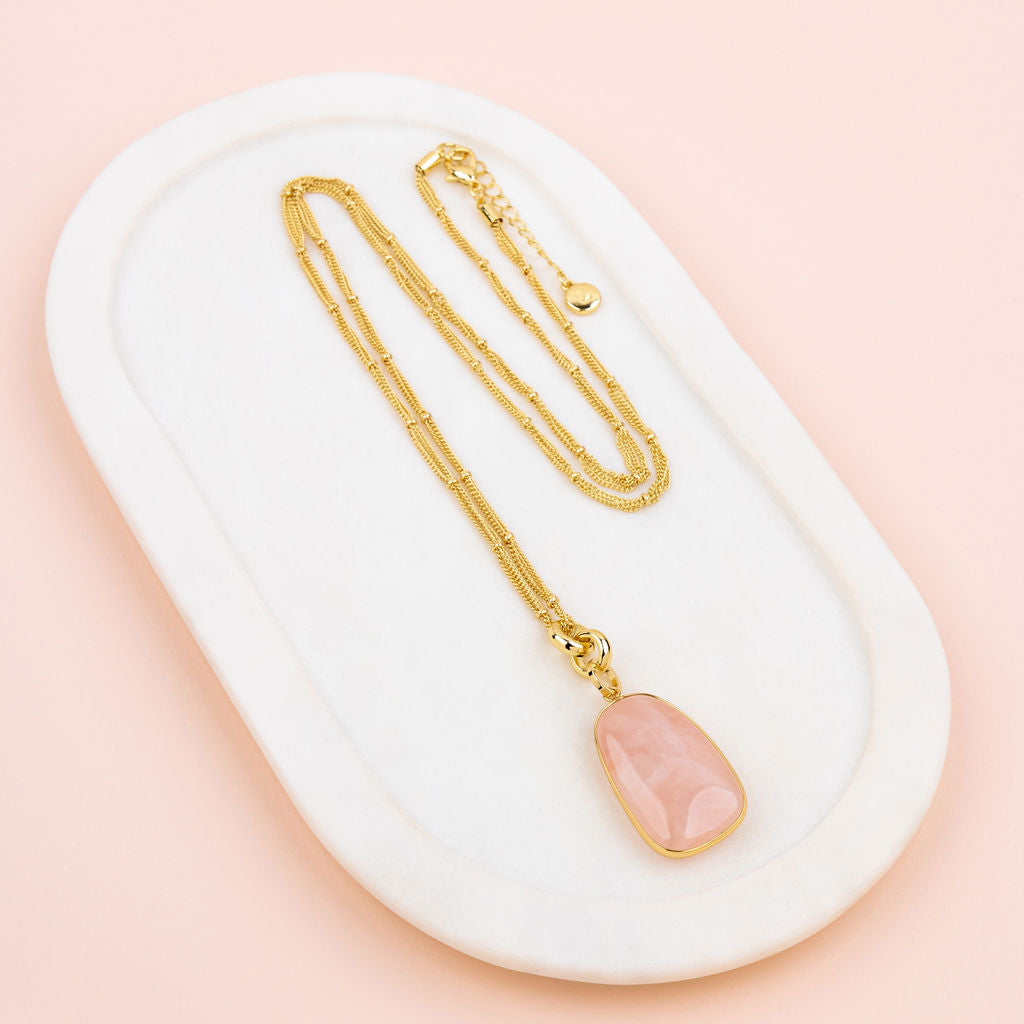 Yellow Gold Rose Quartz Pendant Long Necklace