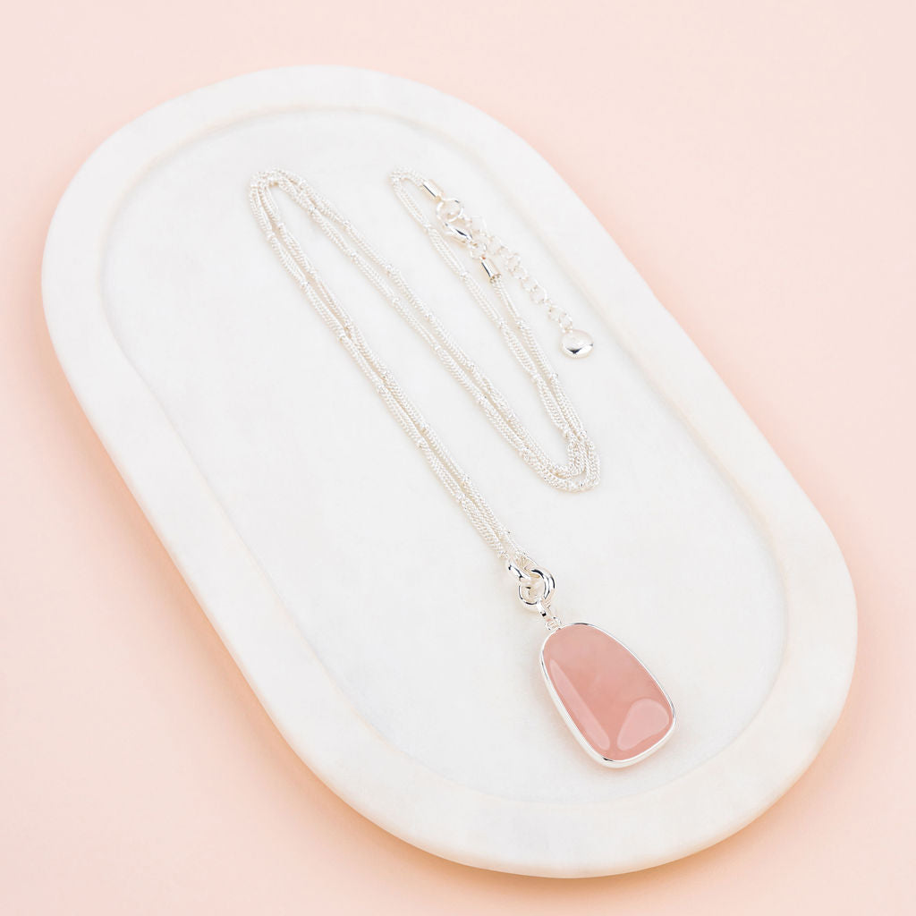 Silver Rose Quartz Pendant Long Necklace