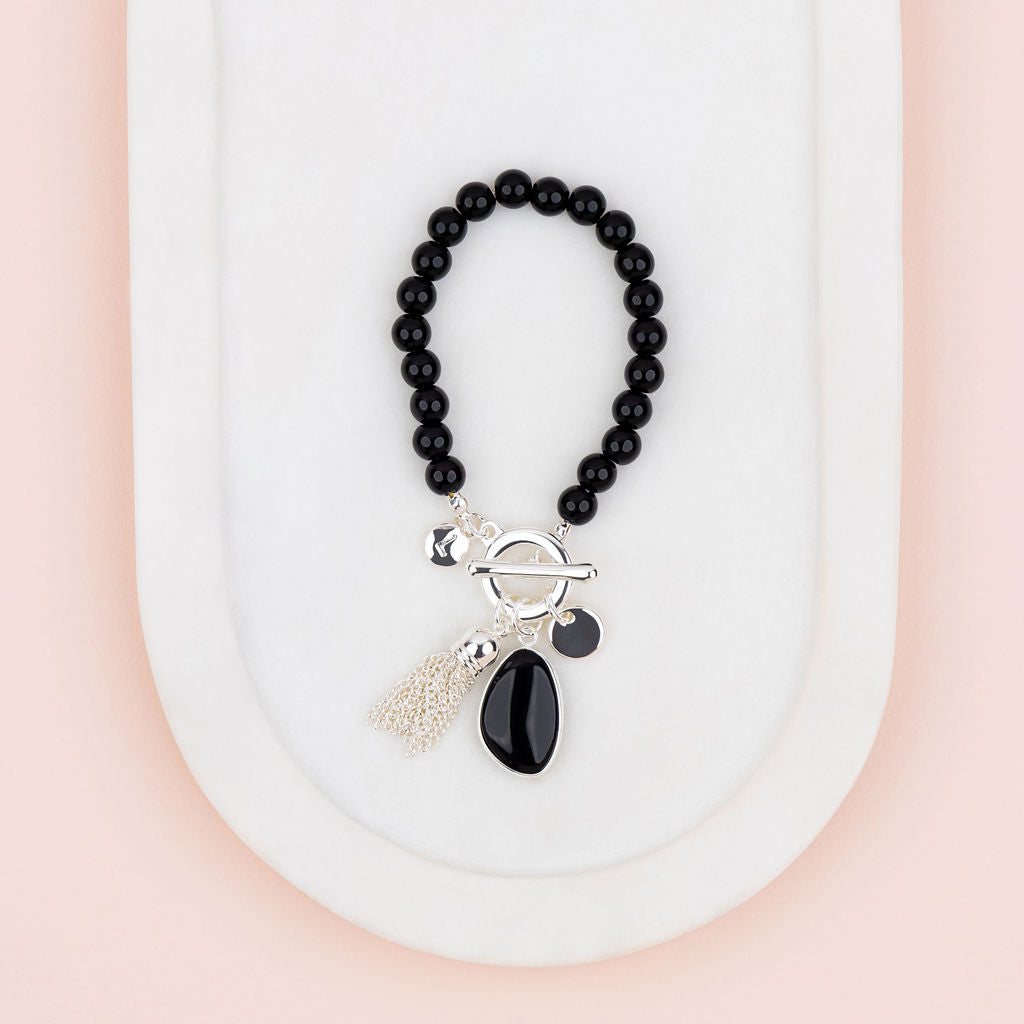 Silver Tassel on Black Quartz Stone Bracelet