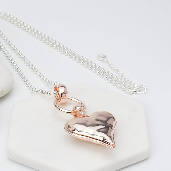 Silver Ball Chain with Rose Gold Heart Necklace