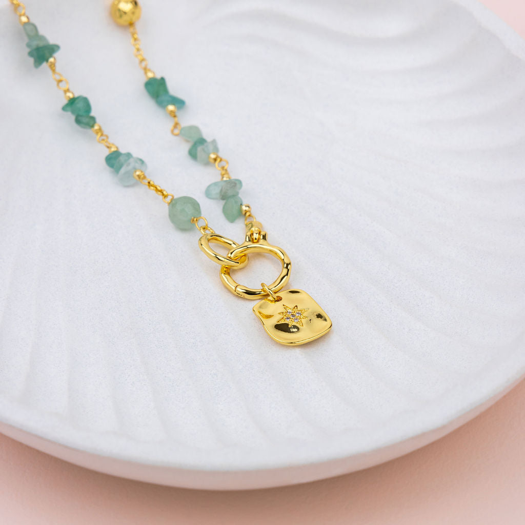 Star 14K Gold Plating with Green aventurine Stone Short Necklace