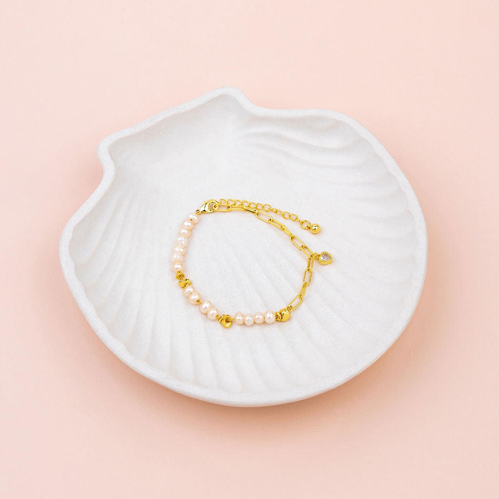 Heart Pendant 14K Gold on Pearl Chain Bracelet