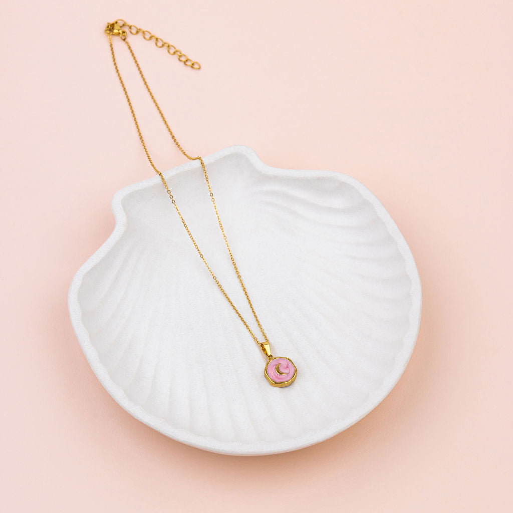 SHORT | Pink Enamel with Gold Moon Pendant Necklace