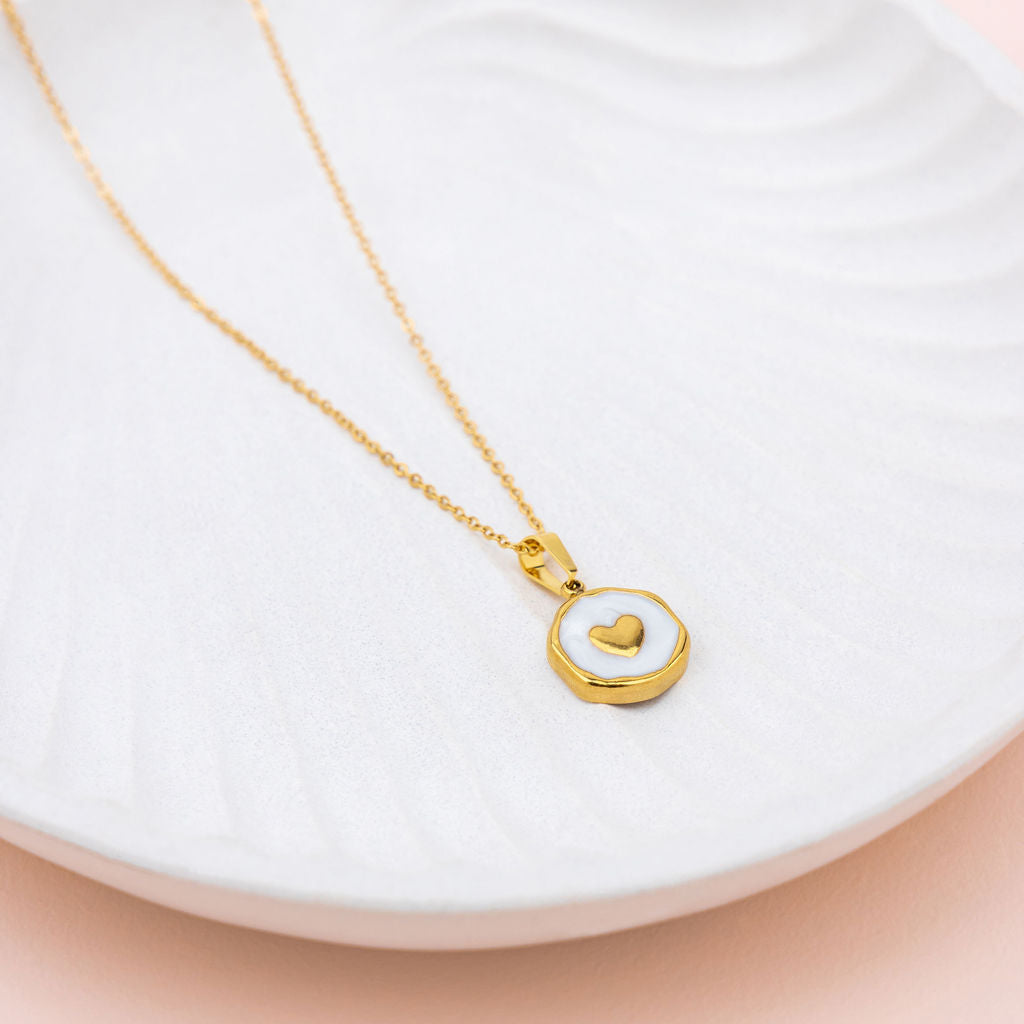 SHORT | White Enamel with Gold Love Heart Pendant Necklace