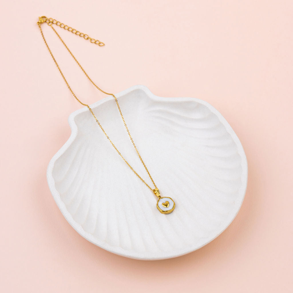 SHORT | White Enamel with Gold Love Heart Pendant Necklace