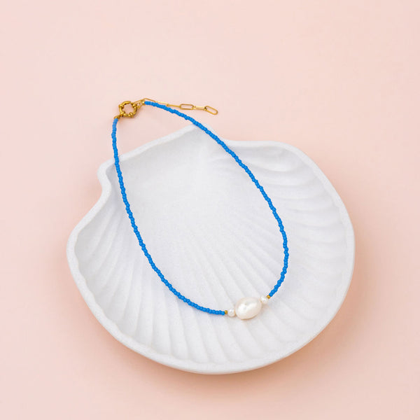 SHORT | Blue Fine Beads with Pearl Necklace