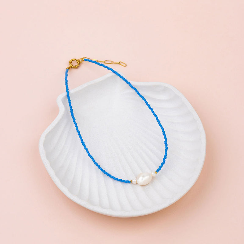SHORT | Blue Fine Beads with Pearl Necklace
