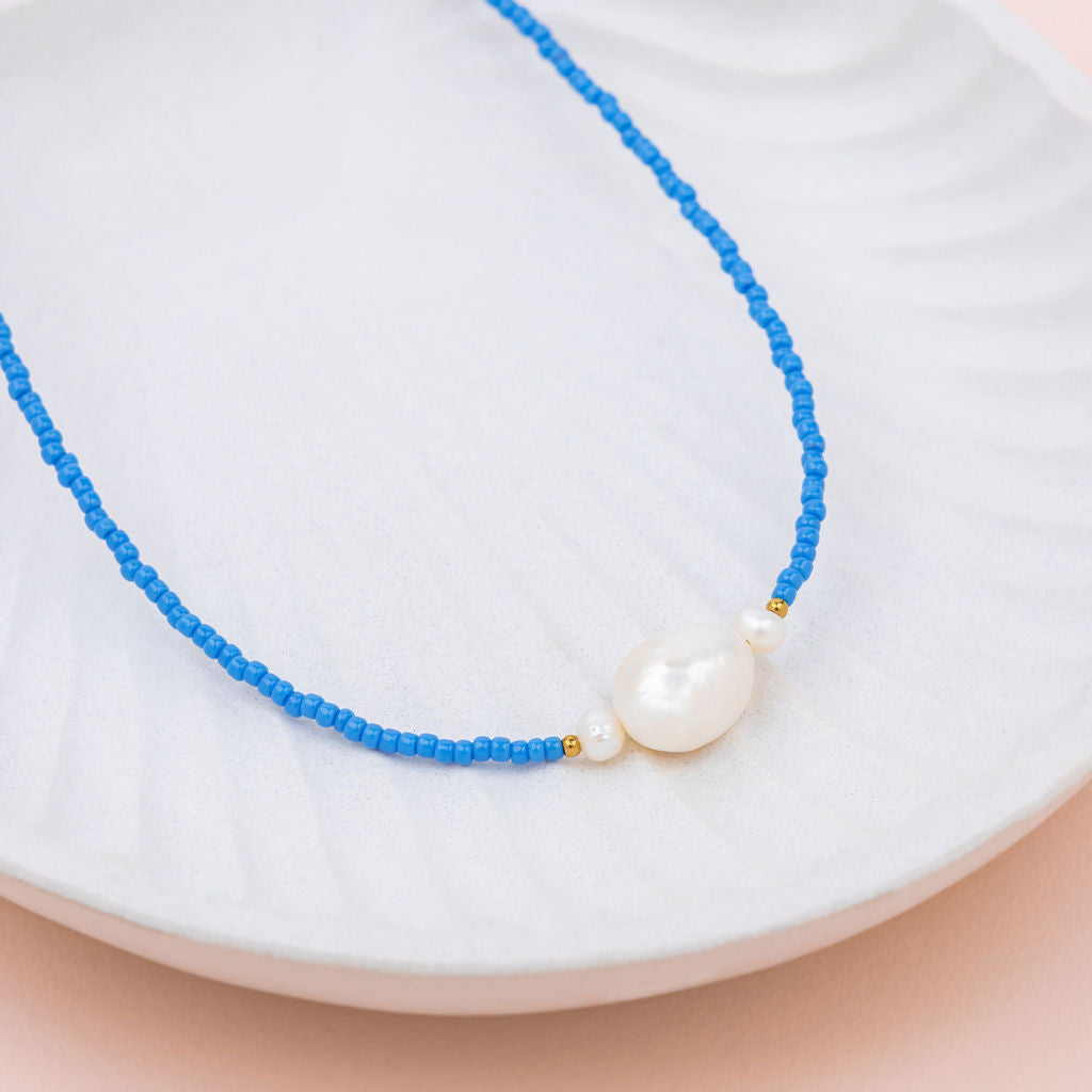 SHORT | Blue Fine Beads with Fresh Water Pearl Necklace