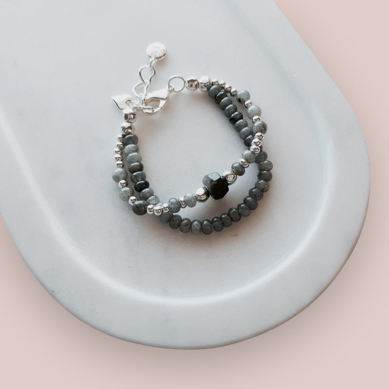 Grey Quartz 2 Strand with Silver Heart Bracelet