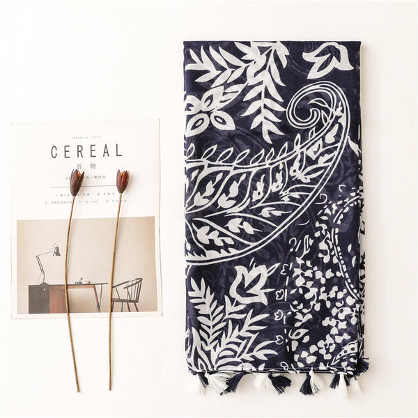 Ladies Navy & White Pattern Tassel Scarf