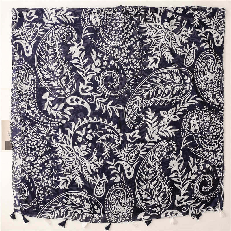 Ladies Navy & White Pattern Tassel Scarf