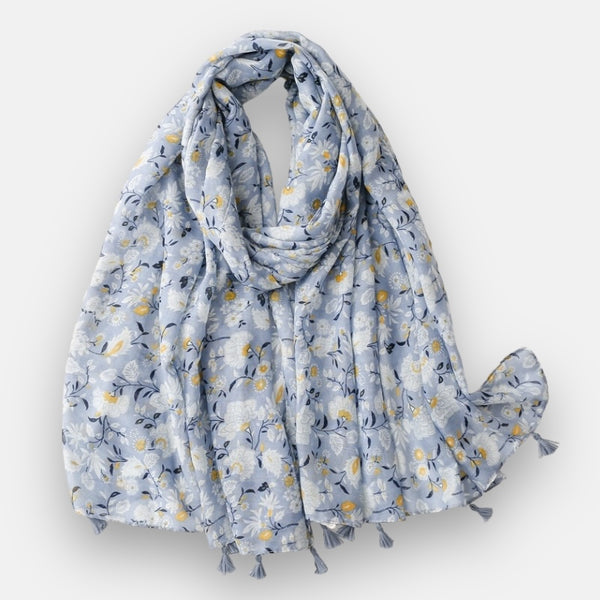 Large Blue, White, Navy & Yellow Flower Scarf