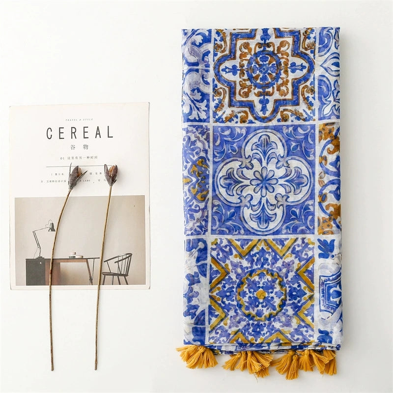 Ladies | Blue & Mustard Tile Scarf