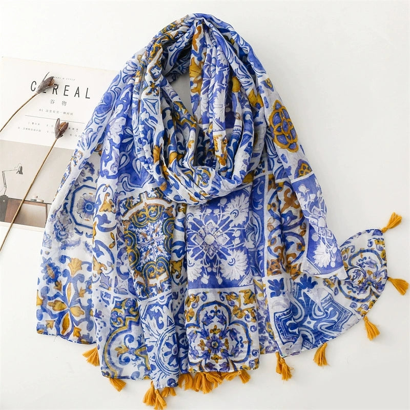 Ladies | Blue & Mustard Tile Scarf