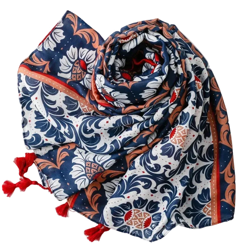 Ladies |Red, Navy and White Flower Scarf
