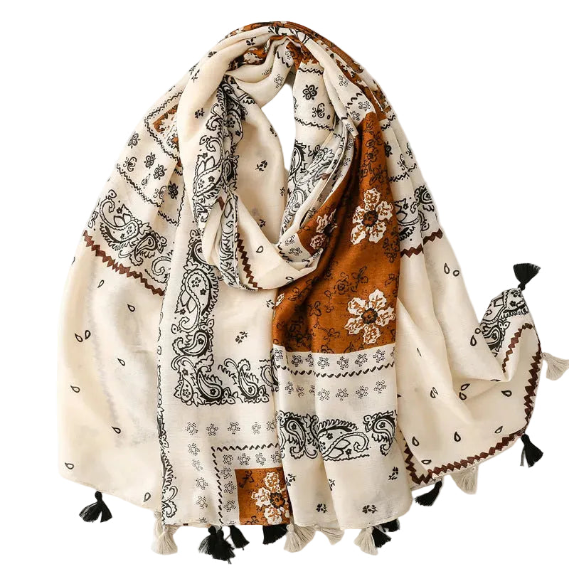 Patterned scarf with tassels on a white background