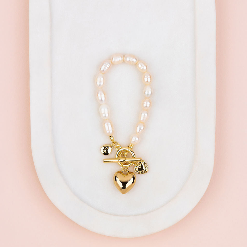 Yellow Gold Heart Freshwater Pearls Bracelet
