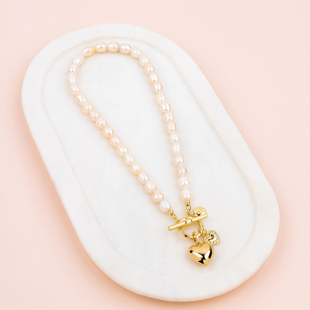 SHORT | Light Gold Heart on Freshwater Pearl Necklace