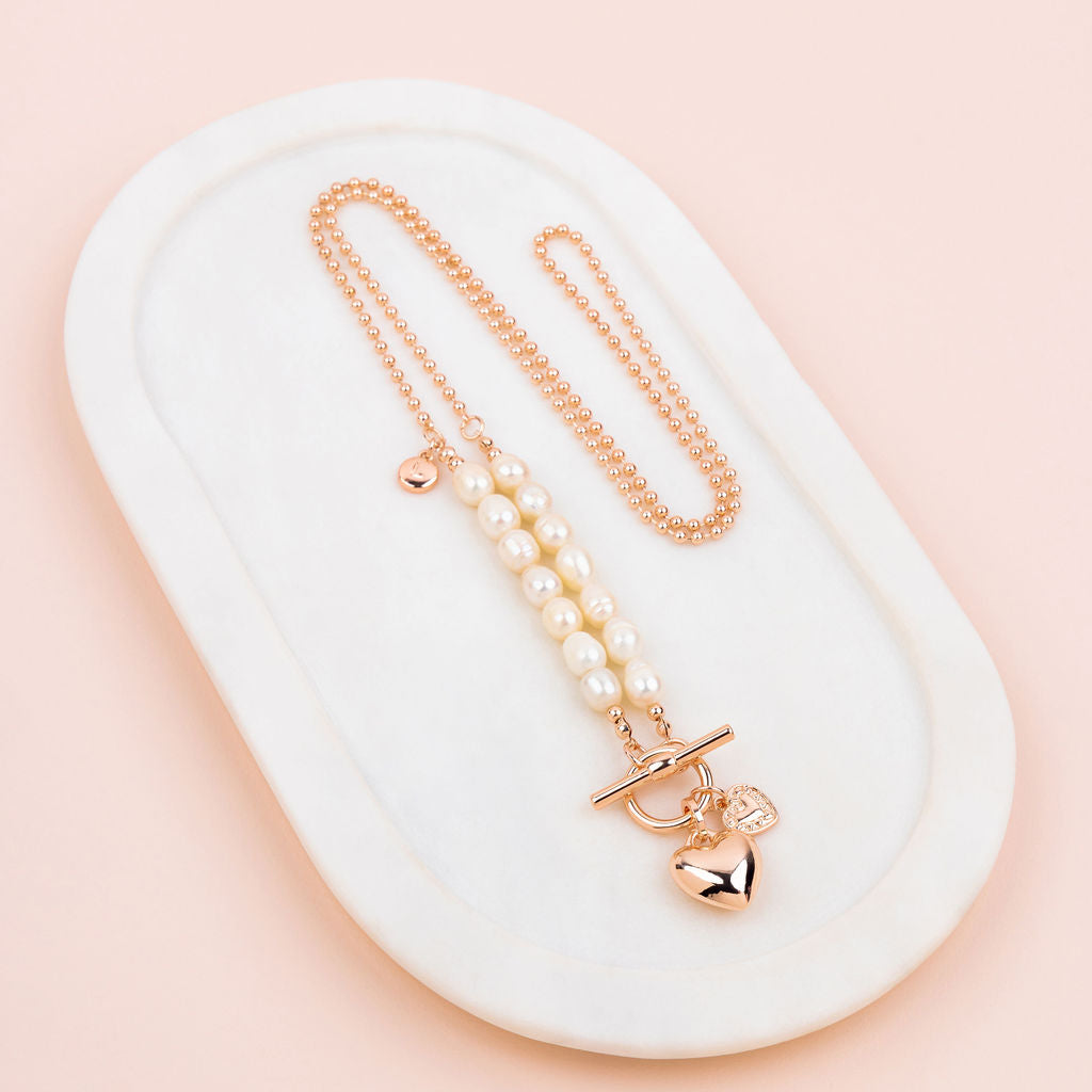 Rose Gold & Fresh Water Pearl Love Heart Necklace