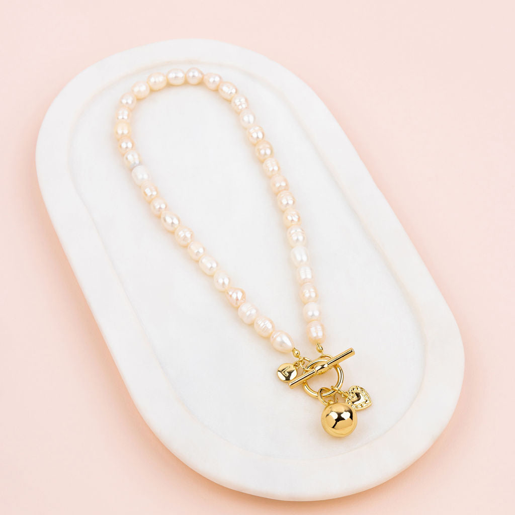SHORT | Yellow Gold Ball on Freshwater Pearls Necklace