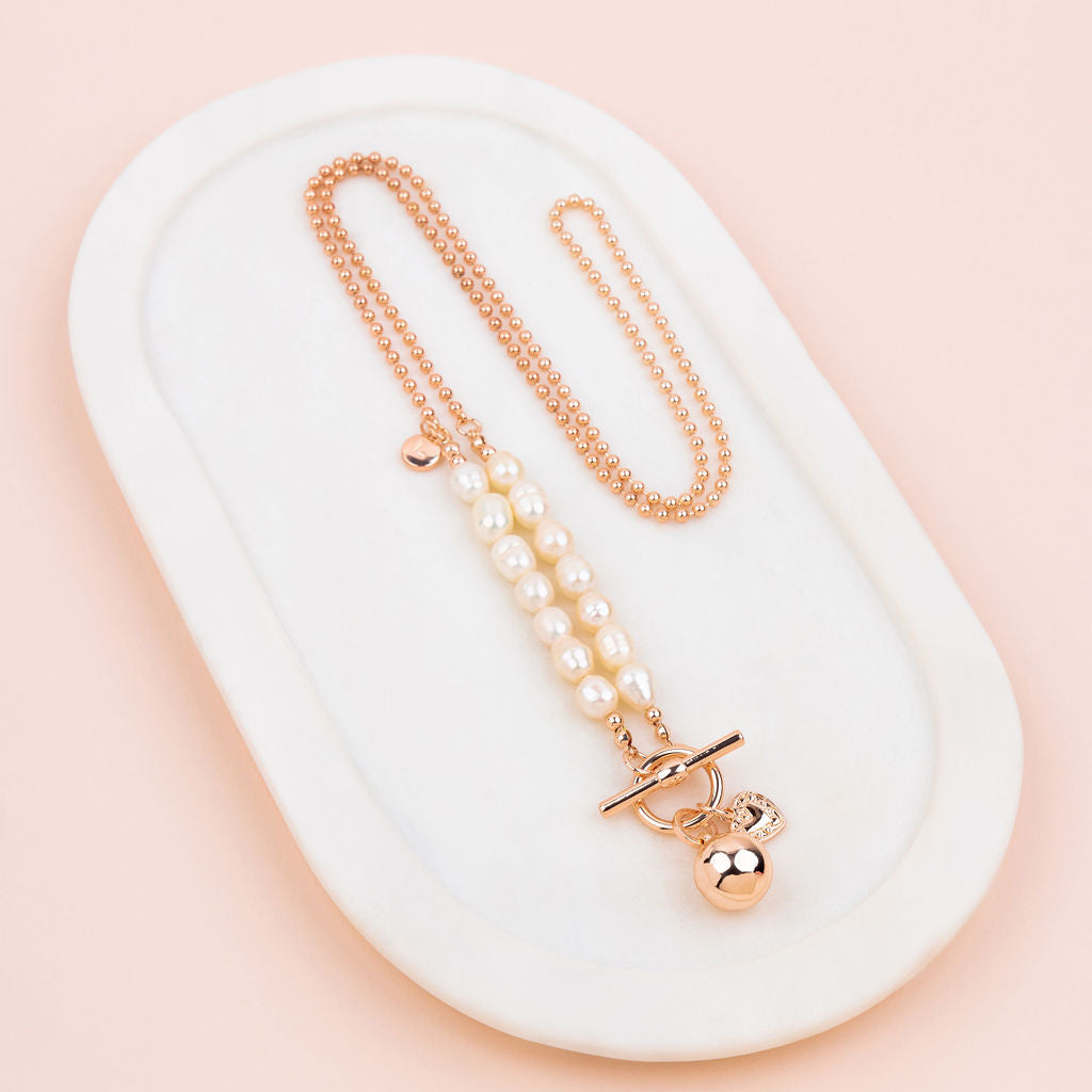 Rose Gold & Fresh Water Pearl with Ball Pendant Necklace