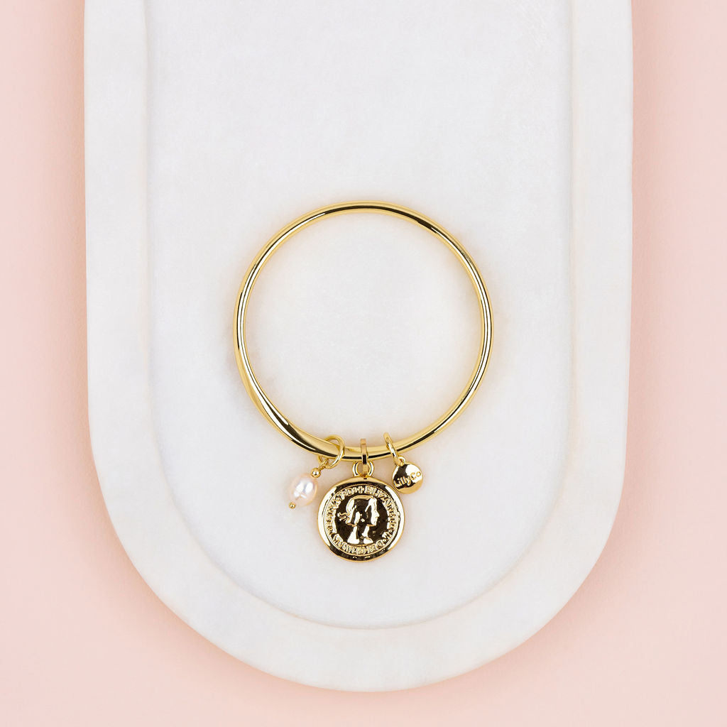Yellow Gold Coin & Pearl Pendant Bangle