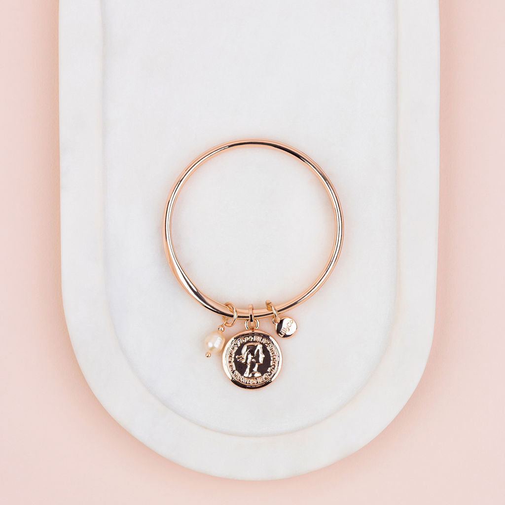 Rose Gold Coin & Pearl Pendant Bangle