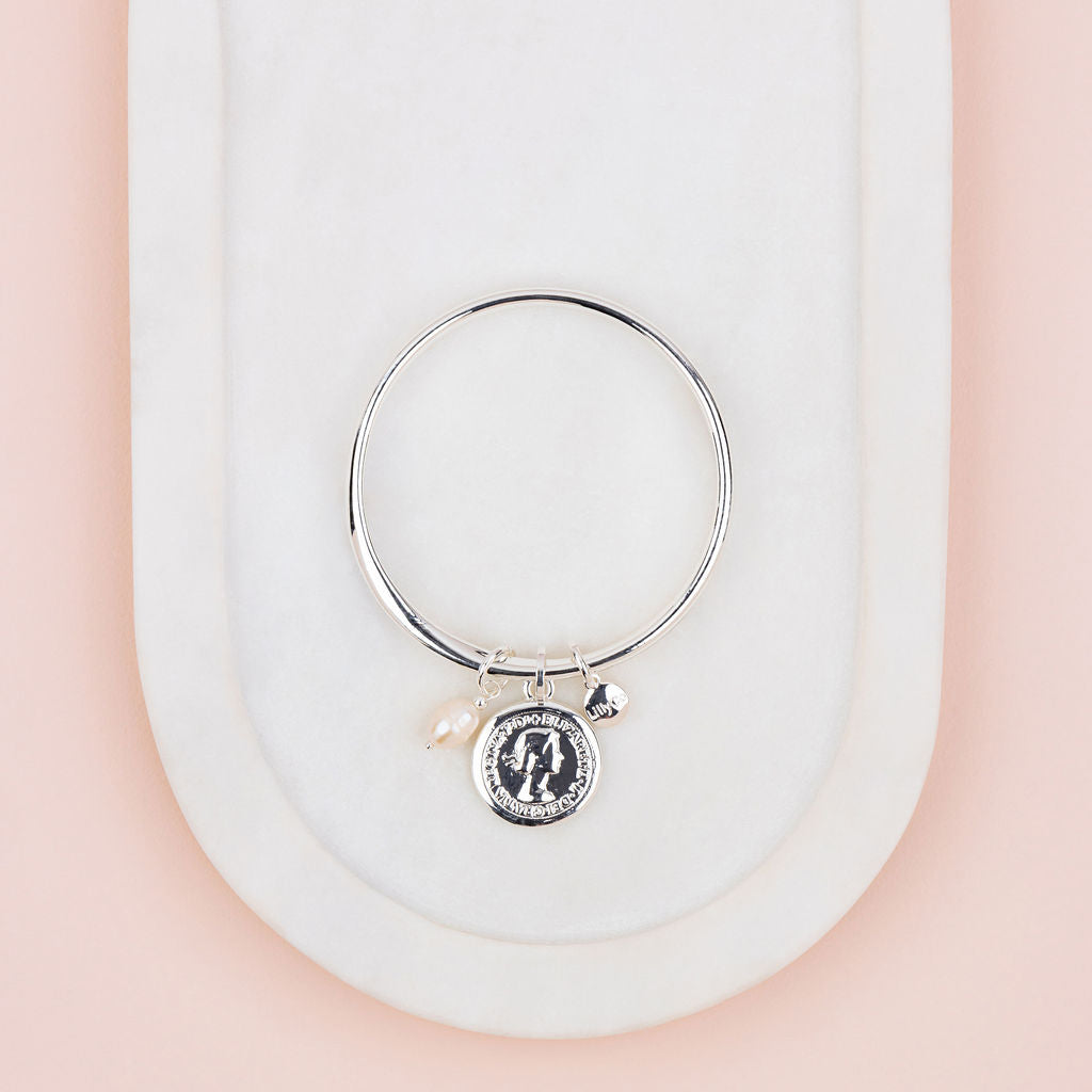 Silver Coin & Pearl Pendant Bangle