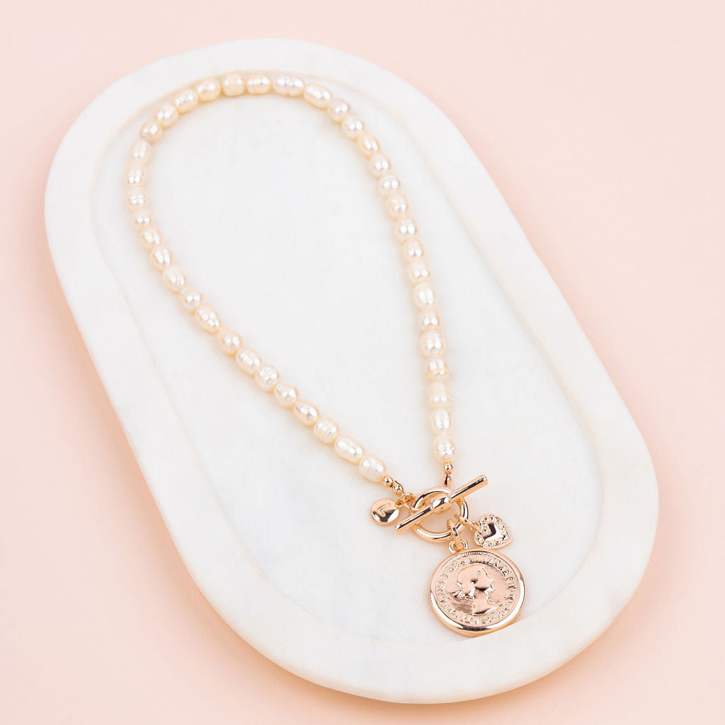 SHORT | Rose Gold Coin + Fresh Water Pearl Necklace