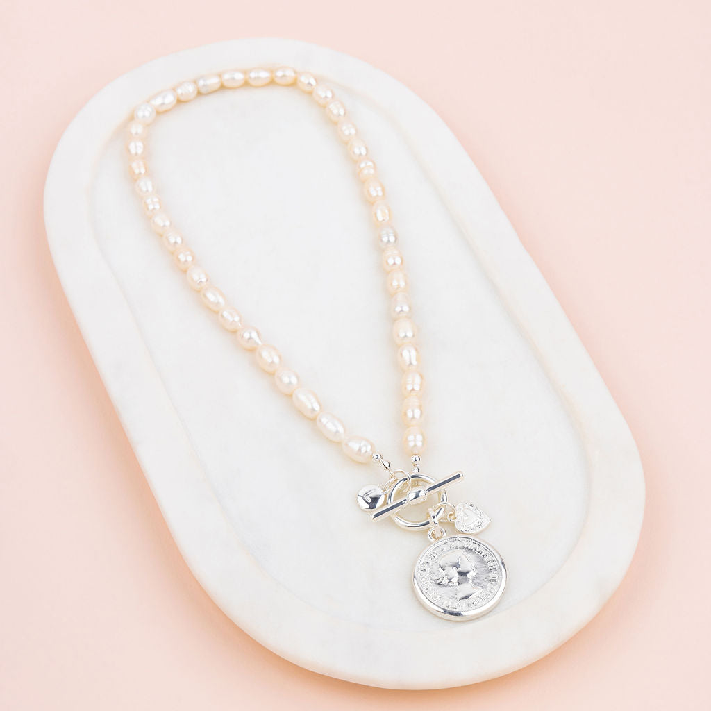 SHORT | Silver Coin + Fresh Water Pearl Necklace