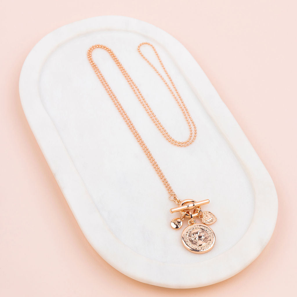 Rose Gold Coin Pendant Long Necklace